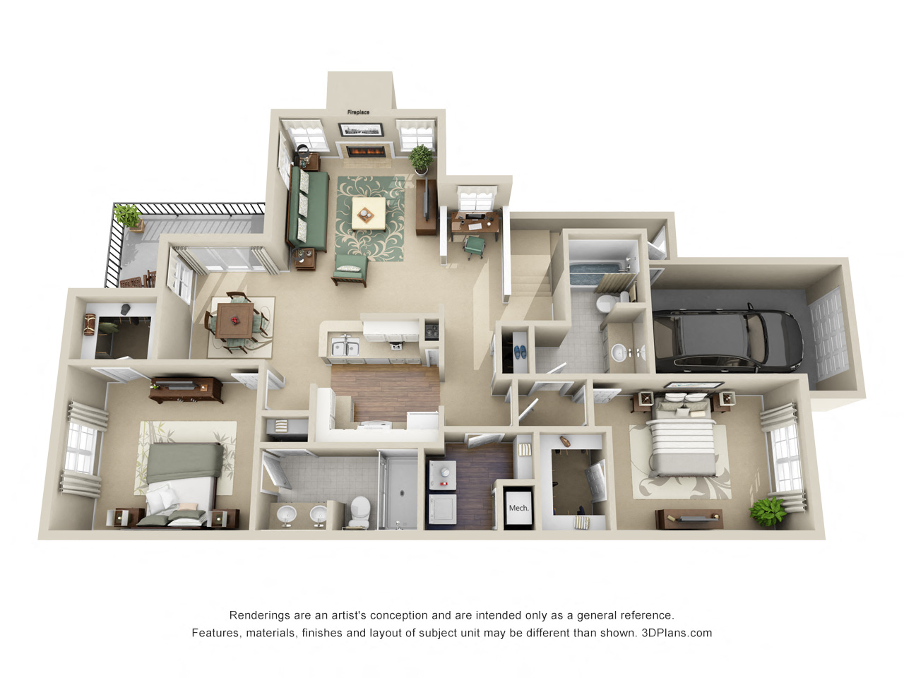 Floor plan for 2 beds, 2 baths, 1297 sqft